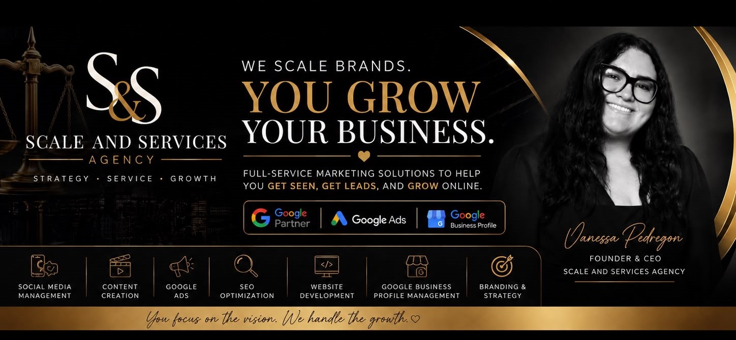 Scale and Services Agency banner: we scale brands, you grow your business — founder Vanessa Pedregon